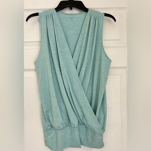 Garnet Hill Essential Banded Surplice Knit Tank Sleeveless Wrap Large Blue Green